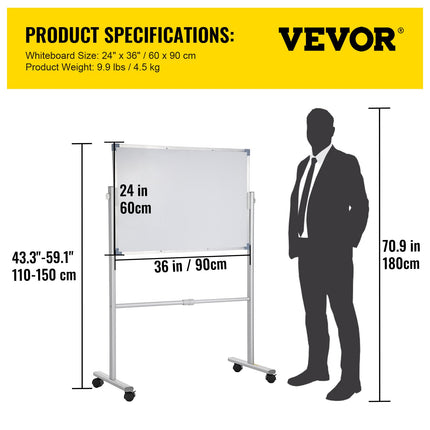 Mobile Dry Erase Board Magnetic Whiteboard w/ Stand 60 x 90cm Double Sided.