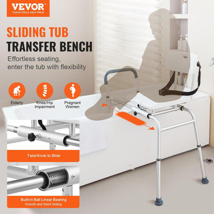 Sliding Tub Transfer Bench Shower Chair & Cut-Out Seat Reversible Backrest.
