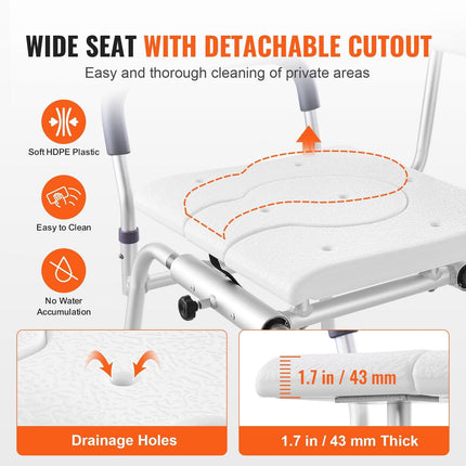 Sliding Tub Transfer Bench Shower Chair & Cut-Out Seat Reversible Backrest.