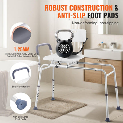 Sliding Tub Transfer Bench Shower Chair & Cut-Out Seat Reversible Backrest.