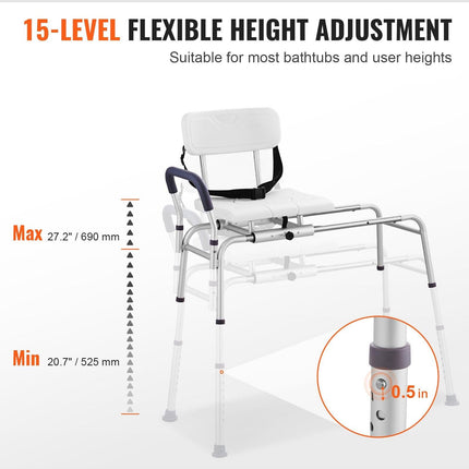 Sliding Tub Transfer Bench Shower Chair & Cut-Out Seat Reversible Backrest.