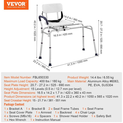 Sliding Tub Transfer Bench Shower Chair & Cut-Out Seat Reversible Backrest.