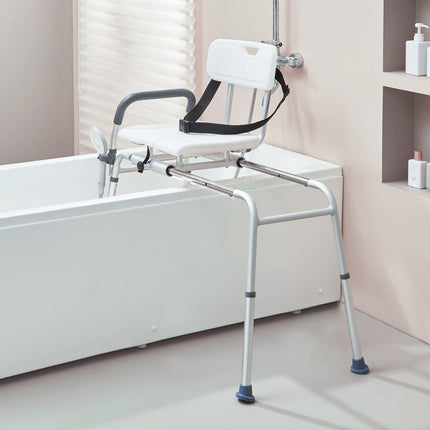 Sliding Tub Transfer Bench Shower Chair & Cut-Out Seat Reversible Backrest.