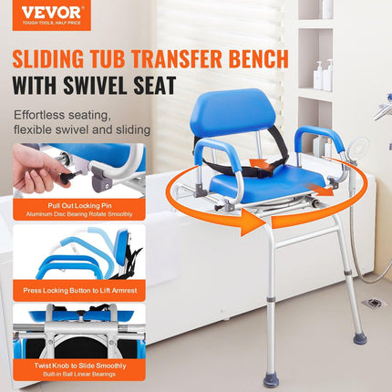 Sliding Tub Transfer Bench with 360 Degree Swivel Seat, Sliding Shower Chair with Pivoting Armrest & Padded Seat and Safety Belt, Height Adjustable Bath Chair for Elderly Disabled 330LBS.
