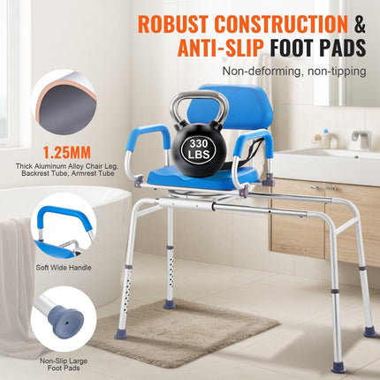 Sliding Tub Transfer Bench with 360 Degree Swivel Seat, Sliding Shower Chair with Pivoting Armrest & Padded Seat and Safety Belt, Height Adjustable Bath Chair for Elderly Disabled 330LBS.