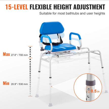 Sliding Tub Transfer Bench with 360 Degree Swivel Seat, Sliding Shower Chair with Pivoting Armrest & Padded Seat and Safety Belt, Height Adjustable Bath Chair for Elderly Disabled 330LBS.