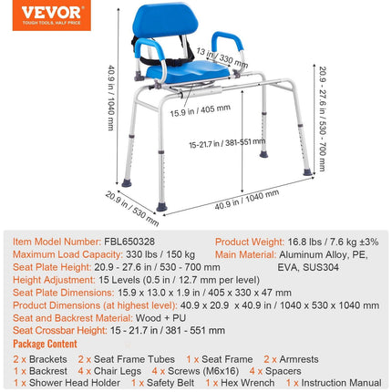 Sliding Tub Transfer Bench with 360 Degree Swivel Seat, Sliding Shower Chair with Pivoting Armrest & Padded Seat and Safety Belt, Height Adjustable Bath Chair for Elderly Disabled 330LBS.