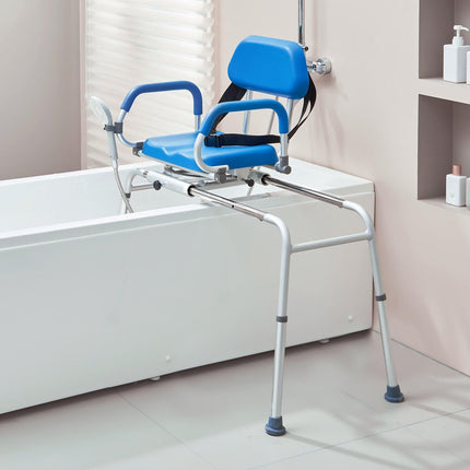 Sliding Tub Transfer Bench with 360 Degree Swivel Seat, Sliding Shower Chair with Pivoting Armrest & Padded Seat and Safety Belt, Height Adjustable Bath Chair for Elderly Disabled 330LBS.