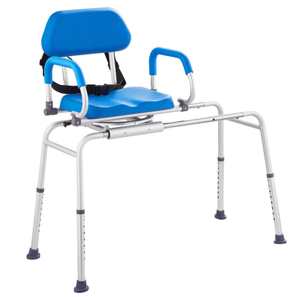 Sliding Tub Transfer Bench with 360 Degree Swivel Seat, Sliding Shower Chair with Pivoting Armrest & Padded Seat and Safety Belt, Height Adjustable Bath Chair for Elderly Disabled 330LBS.