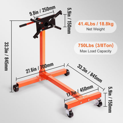 Engine Stand 750LBS Motor Hoist Dolly 360 Degree Adjustable Mounting Head.