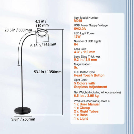 5X Floor Magnifying Glass with Light and Stand Flexible Gooseneck LED.