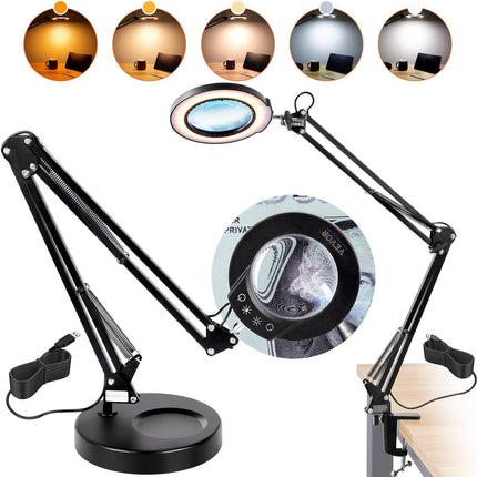 Magnifying Glass with Light and Stand, 5X Magnifying Lamp, 4.3" Glass Lens, Base and Clamp 2-in-1 Desk Magnifier with Light, 64 LED Lights 5 Color Modes, for Close Work Reading Repair Crafts.