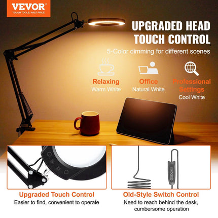 Magnifying Glass with Light and Stand, 5X Magnifying Lamp, 4.3" Glass Lens, Base and Clamp 2-in-1 Desk Magnifier with Light, 64 LED Lights 5 Color Modes, for Close Work Reading Repair Crafts.