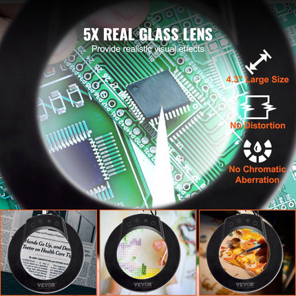 Magnifying Glass with Light and Stand, 5X Magnifying Lamp, 4.3" Glass Lens, Base and Clamp 2-in-1 Desk Magnifier with Light, 64 LED Lights 5 Color Modes, for Close Work Reading Repair Crafts.