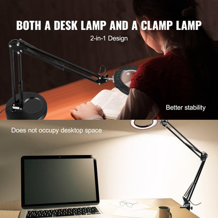Magnifying Glass with Light and Stand, 5X Magnifying Lamp, 4.3" Glass Lens, Base and Clamp 2-in-1 Desk Magnifier with Light, 64 LED Lights 5 Color Modes, for Close Work Reading Repair Crafts.