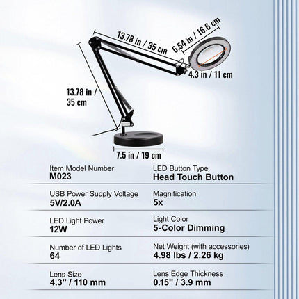 Magnifying Glass with Light and Stand, 5X Magnifying Lamp, 4.3" Glass Lens, Base and Clamp 2-in-1 Desk Magnifier with Light, 64 LED Lights 5 Color Modes, for Close Work Reading Repair Crafts.