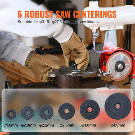Circular Saw Blade Sharpener, 370W Saw Blade Grinding with Water Injection, Water Injection Circular Saw Blade Sharpening & 6 Saw Centerings, 5-inch Grinding Wheel for Carbide Tipped Saw Blades.