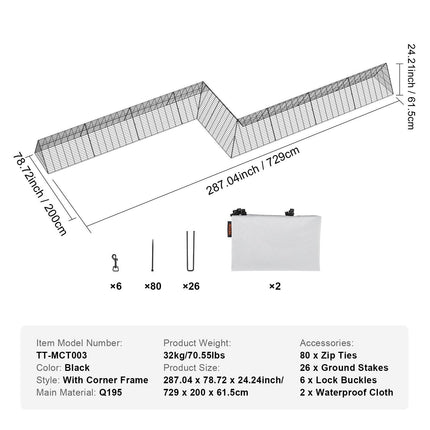 Chicken Tunnels, 729 x 200 x 61.5cm(LxWxH) Chicken Tunnels for Yard, Portable Chicken Tunnels for Outside with Corner Frames, 2 Sets, Suitable for Chickens, Ducks, Rabbits.