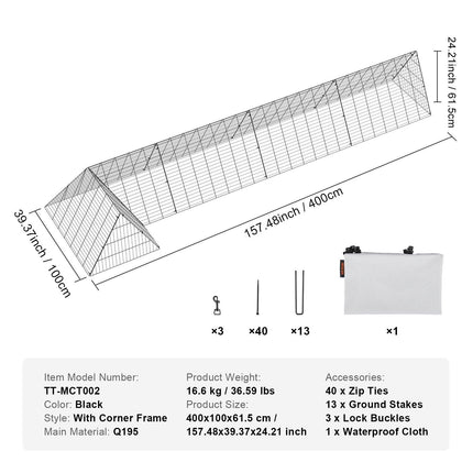 Chicken Tunnels, 400x100x61.5 cm(LxWxH) Chicken Tunnels for Yard, Portable Chicken Tunnels for Outside with Corner Frames, Chicken Coop Run, Suitable for Chickens, Ducks, Rabbits.