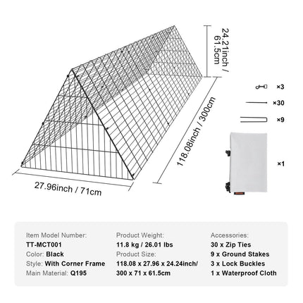 Chicken Tunnels, 300 x 71 x 61.5cm (LxWxH) Chicken Tunnels for Yard, Portable Chicken Tunnels for Outside Easy Installation, Chicken Coop Run, Suitable for Chickens, Ducks, Rabbits.