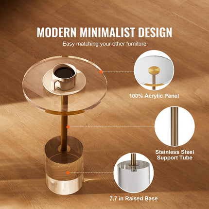 Clear Acrylic End Table, Acrylic Side Table with a Solid Base, 11.9 x 11.9 inch Round Tabletop, 21.4 inch High, for Coffee, Drink, Food, Snack used in Living Room, Bedroom, and Study.