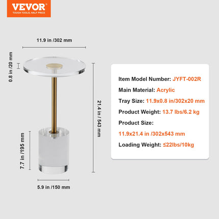 Clear Acrylic End Table, Acrylic Side Table with a Solid Base, 11.9 x 11.9 inch Round Tabletop, 21.4 inch High, for Coffee, Drink, Food, Snack used in Living Room, Bedroom, and Study.