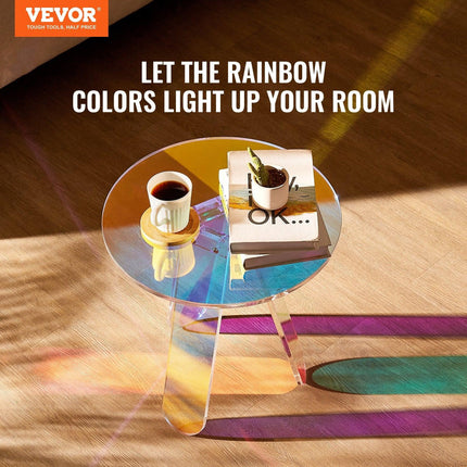 Round Iridescent Side Table, Acrylic End Table, Clear Rainbow Acrylic Coffee Table for Drink, Food, Snack used in Living Room, Bedroom, and Study.
