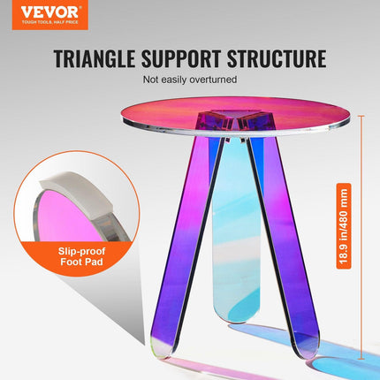 Round Iridescent Side Table, Acrylic End Table, Clear Rainbow Acrylic Coffee Table for Drink, Food, Snack used in Living Room, Bedroom, and Study.