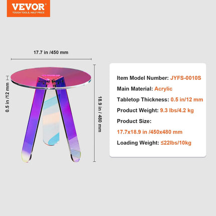 Round Iridescent Side Table, Acrylic End Table, Clear Rainbow Acrylic Coffee Table for Drink, Food, Snack used in Living Room, Bedroom, and Study.