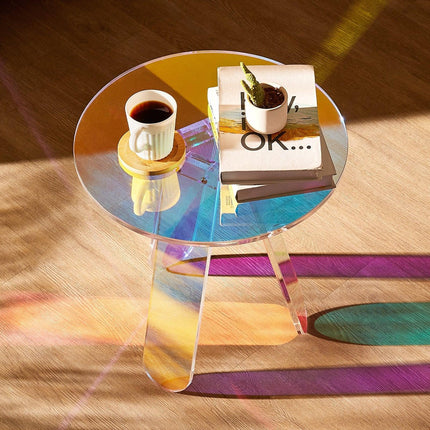 Round Iridescent Side Table, Acrylic End Table, Clear Rainbow Acrylic Coffee Table for Drink, Food, Snack used in Living Room, Bedroom, and Study.