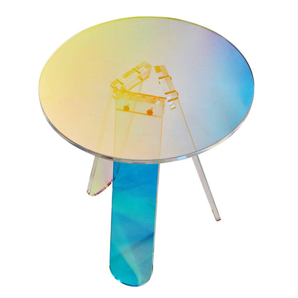 Round Iridescent Side Table, Acrylic End Table, Clear Rainbow Acrylic Coffee Table for Drink, Food, Snack used in Living Room, Bedroom, and Study.