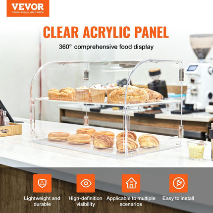 Pastry Display Case, 2-Tier Commercial Countertop Bakery Display Case, Acrylic Display Box with Rear Door Access & Removable Shelves, Keep Fresh for Donut Bagels Cake Cookie.