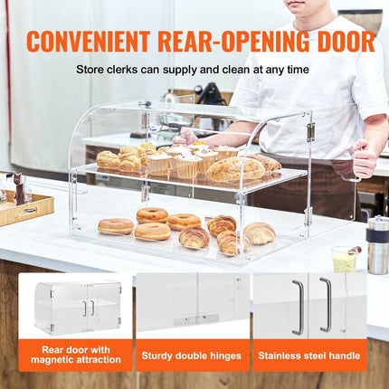 Pastry Display Case, 2-Tier Commercial Countertop Bakery Display Case, Acrylic Display Box with Rear Door Access & Removable Shelves, Keep Fresh for Donut Bagels Cake Cookie.
