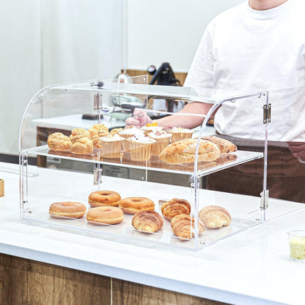 Pastry Display Case, 2-Tier Commercial Countertop Bakery Display Case, Acrylic Display Box with Rear Door Access & Removable Shelves, Keep Fresh for Donut Bagels Cake Cookie.