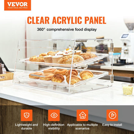 Pastry Display Case, 2-Tier Commercial Countertop Bakery Display Case, Acrylic Display Box with Rear Door Access & Removable Shelves, Keep Fresh for Donut Bagels Cake Cookie.