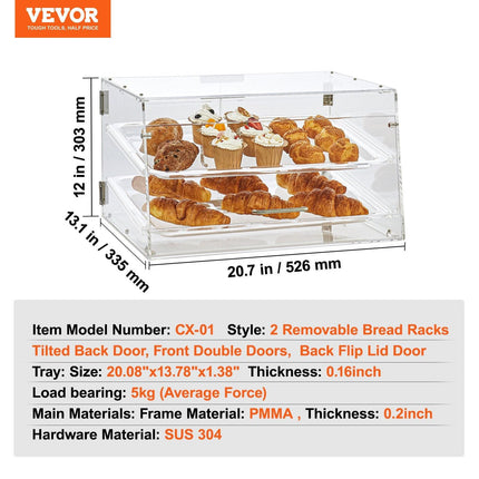Pastry Display Case, 2-Tier Commercial Countertop Bakery Display Case, Acrylic Display Box with Rear Door Access & Removable Shelves, Keep Fresh for Donut Bagels Cake Cookie.