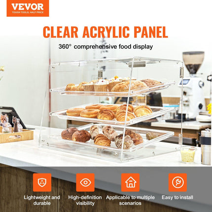 Pastry Display Case, 3-Tier Commercial Countertop Bakery Display Case, Acrylic Display Box with Rear Door Access & Removable Shelves, Keep Fresh for Donut Bagels Cake Cookie.