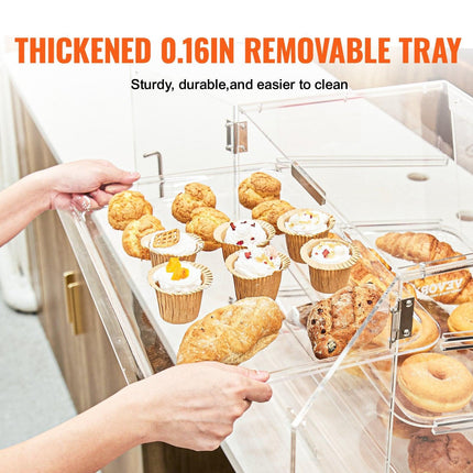 Pastry Display Case, 3-Tier Commercial Countertop Bakery Display Case, Acrylic Display Box with Rear Door Access & Removable Shelves, Keep Fresh for Donut Bagels Cake Cookie.