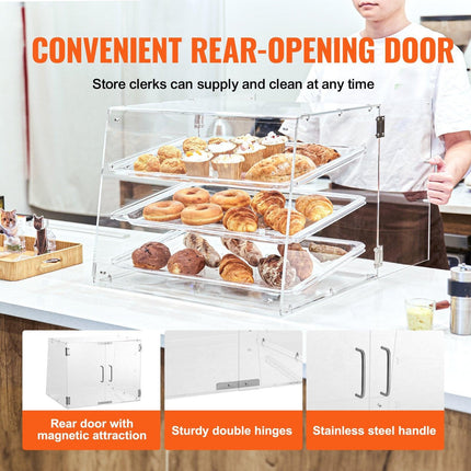 Pastry Display Case, 3-Tier Commercial Countertop Bakery Display Case, Acrylic Display Box with Rear Door Access & Removable Shelves, Keep Fresh for Donut Bagels Cake Cookie.