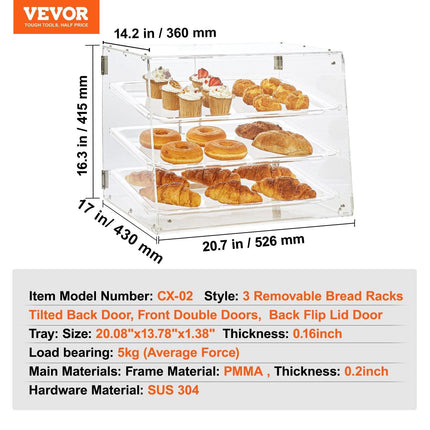 Pastry Display Case, 3-Tier Commercial Countertop Bakery Display Case, Acrylic Display Box with Rear Door Access & Removable Shelves, Keep Fresh for Donut Bagels Cake Cookie.