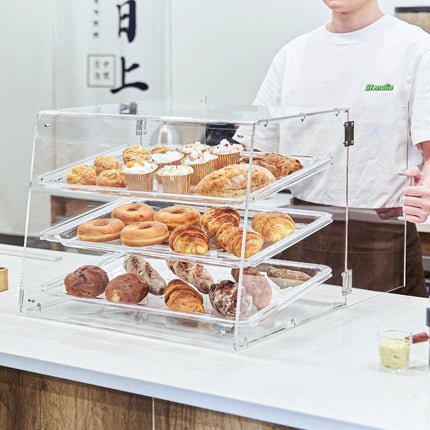 Pastry Display Case, 3-Tier Commercial Countertop Bakery Display Case, Acrylic Display Box with Rear Door Access & Removable Shelves, Keep Fresh for Donut Bagels Cake Cookie.