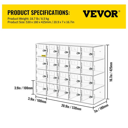 Acrylic Cell Phone Locker Box Storage Cabinet Pocket w/Keys 20 Slots Clear.
