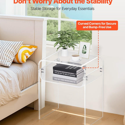 Acrylic Side Table, 2 Tiers Clear Bedside Table with Storage Shelf, Modern Rectangle Acrylic End Desk, Transparent Thick Nightstand for Bedroom, Living Room, Study, 30 x 40 x 50 cm (Clear).
