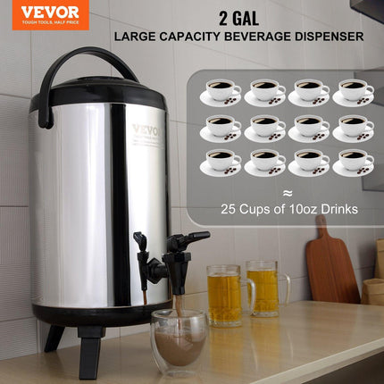 Stainless Steel Insulated Beverage Dispenser, 7.6 Liter, Thermal Hot and Cold Drink Server Dispenser with Spigot Handle, Food-grade for Hot Tea Coffee Water Restaurant Drink Shop.
