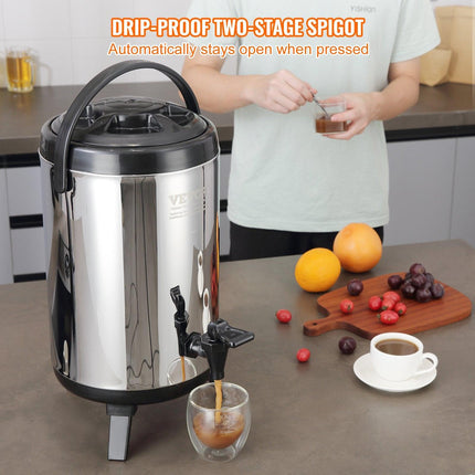 Stainless Steel Insulated Beverage Dispenser, 7.6 Liter, Thermal Hot and Cold Drink Server Dispenser with Spigot Handle, Food-grade for Hot Tea Coffee Water Restaurant Drink Shop.