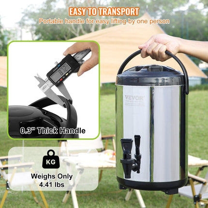 Stainless Steel Insulated Beverage Dispenser, 7.6 Liter, Thermal Hot and Cold Drink Server Dispenser with Spigot Handle, Food-grade for Hot Tea Coffee Water Restaurant Drink Shop.