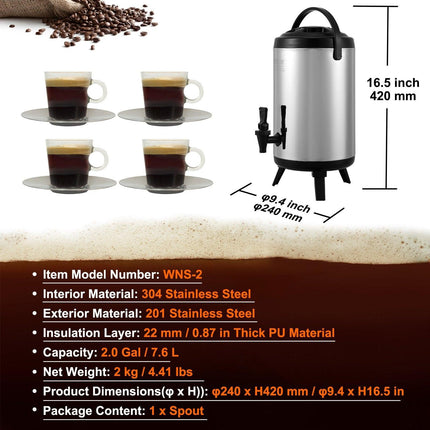 Stainless Steel Insulated Beverage Dispenser, 7.6 Liter, Thermal Hot and Cold Drink Server Dispenser with Spigot Handle, Food-grade for Hot Tea Coffee Water Restaurant Drink Shop.
