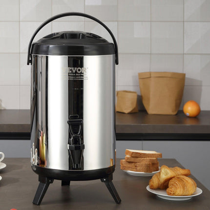 Stainless Steel Insulated Beverage Dispenser, 7.6 Liter, Thermal Hot and Cold Drink Server Dispenser with Spigot Handle, Food-grade for Hot Tea Coffee Water Restaurant Drink Shop.
