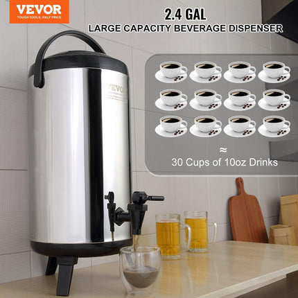 Stainless Steel Insulated Beverage Dispenser, 9.2 Liter, Thermal Hot and Cold Drink Server Dispenser with Spigot Handle, Food-grade for Hot Tea Coffee Water Restaurant Drink Shop.