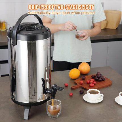 Stainless Steel Insulated Beverage Dispenser, 9.2 Liter, Thermal Hot and Cold Drink Server Dispenser with Spigot Handle, Food-grade for Hot Tea Coffee Water Restaurant Drink Shop.